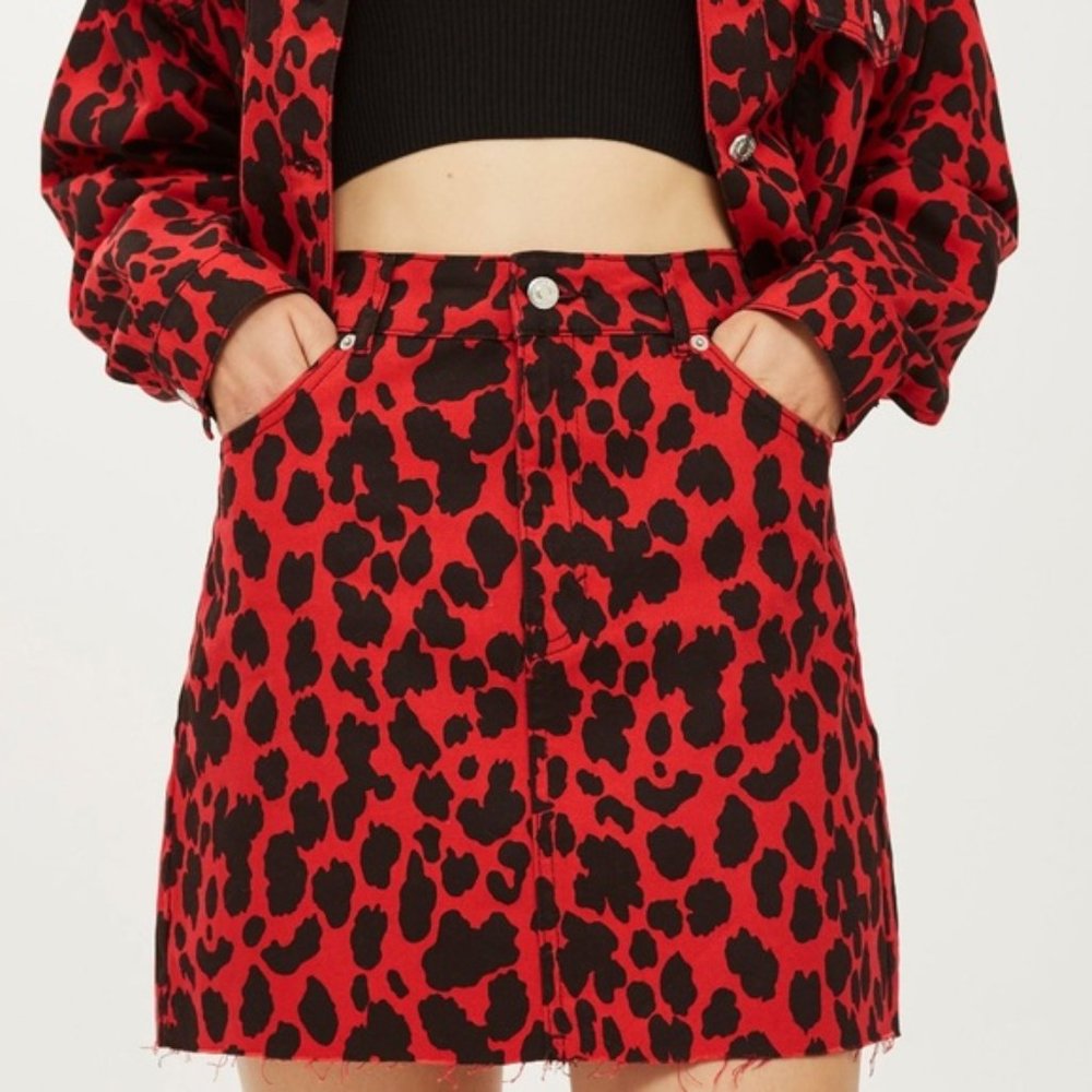 TOPSHOP RED CHEETAH DENIM MINI SKIRT